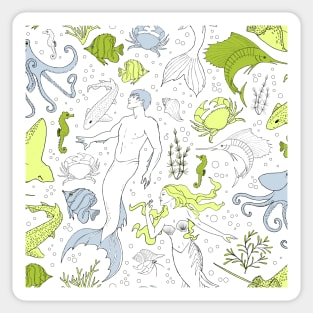 under the sea - white green seamless pattern Sticker